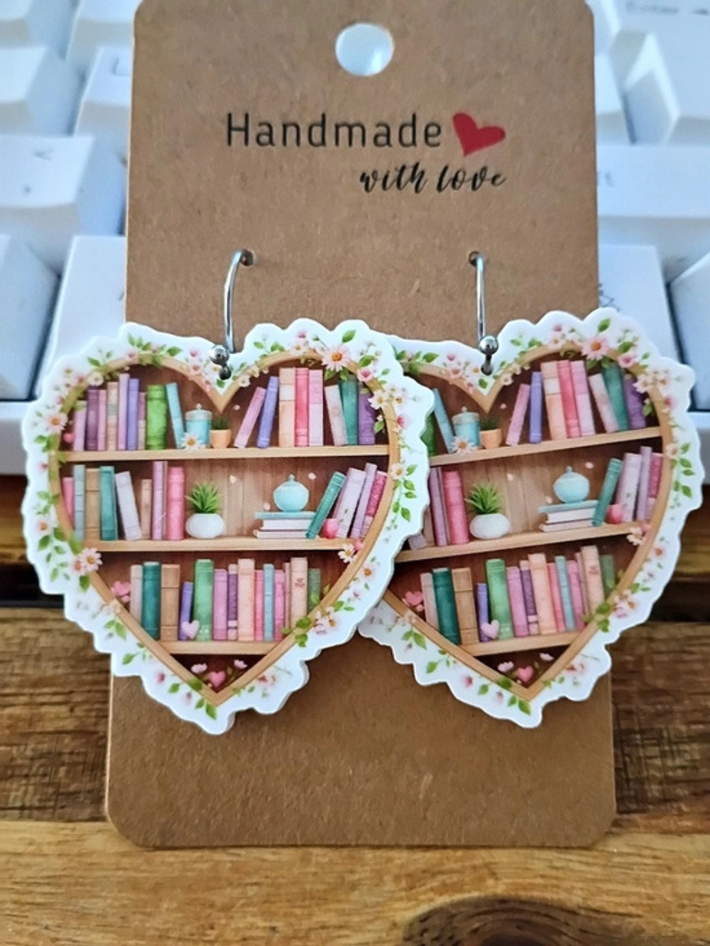 Handmade Heart Bookcase Book Reading Lover Earrings Pink & Green